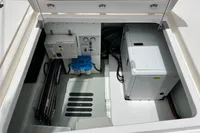 Engine compartment of a 2018 Leopard 45 yacht, featuring mechanical and electrical components.