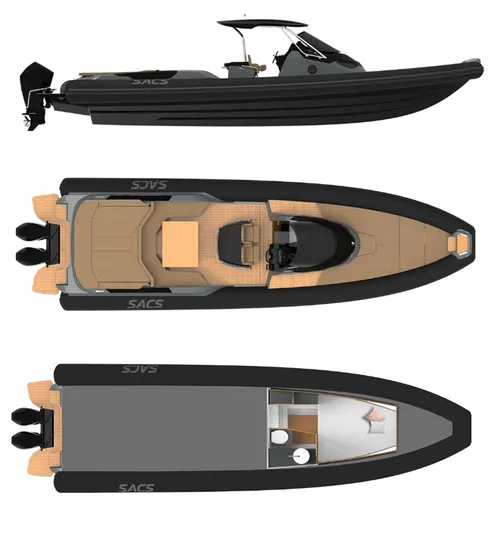  Yacht Photos Pics 2014 SACS Strider 13 boat, side and top views, black and tan design.