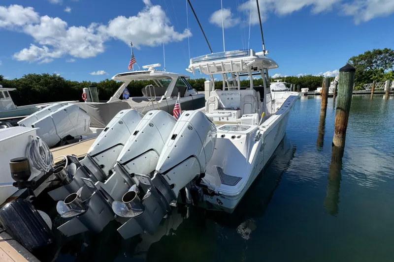  Yacht Photos Pics 2023 Sea Fox 368 Commander boat docked with triple outboard engines.