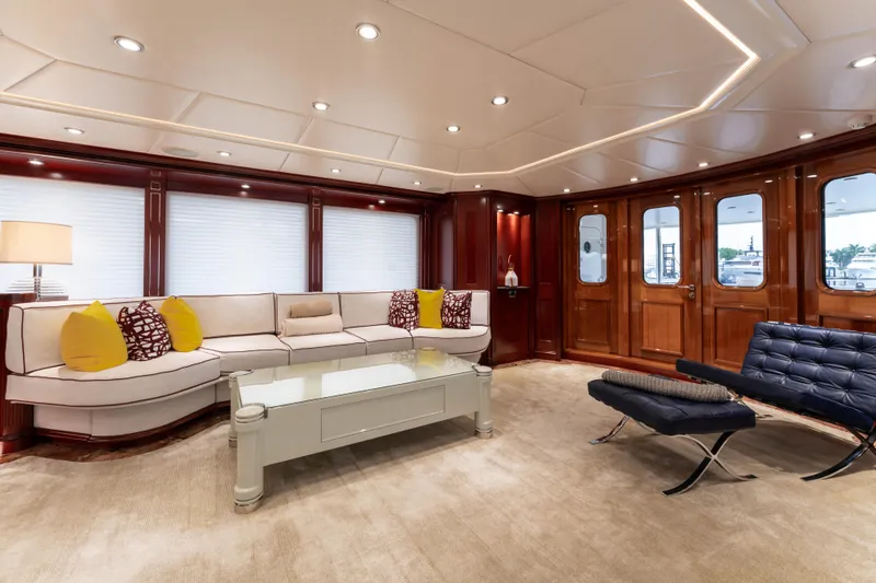 Beothuk Yacht Photos Pics Luxurious yacht interior with elegant seating, modern decor, and ambient lighting, 2008 Kuipers Woudsend Doggersbank Offshore.