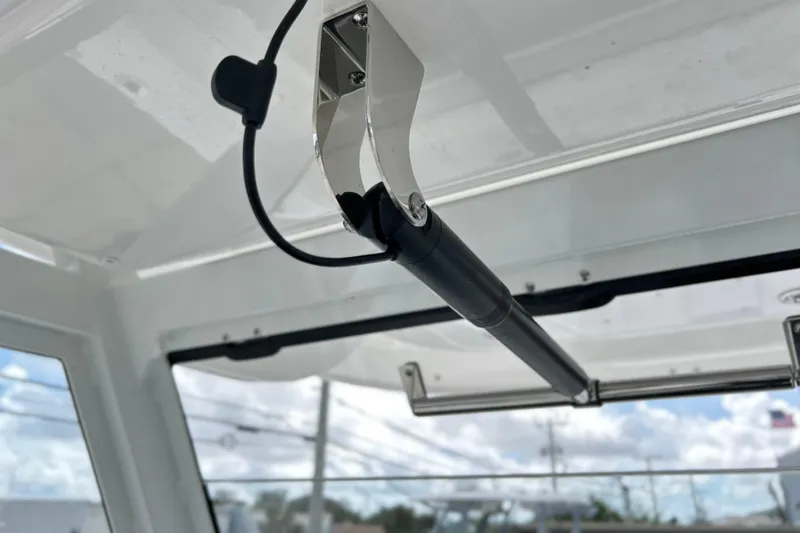  Yacht Photos Pics Close-up of a 2026 Sea Fox 328 Commander boat's hydraulic support mechanism.