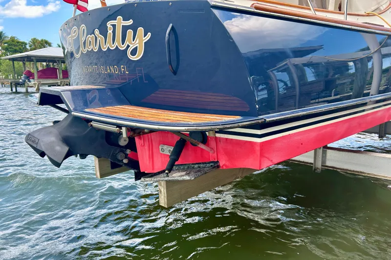 Clarity Yacht Photos Pics Hinckley 36 EP Picnic Boat, 2006, docked at Merritt Island, FL, rear view.