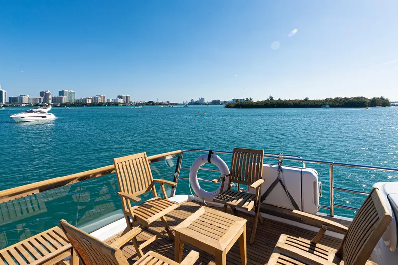  Yacht Photos Pics Deck view from 2022 Princess Y85 yacht overlooking city skyline and ocean.