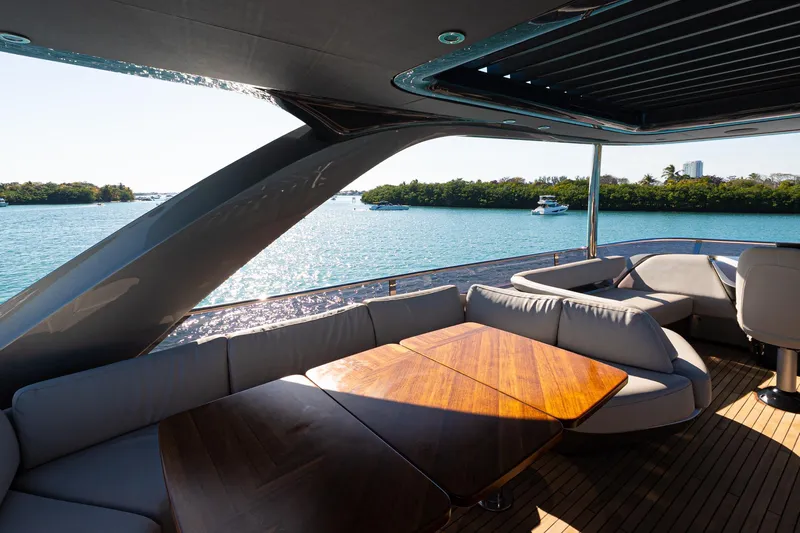  Yacht Photos Pics Luxurious 2022 Princess Y85 yacht deck with elegant seating and scenic water view.