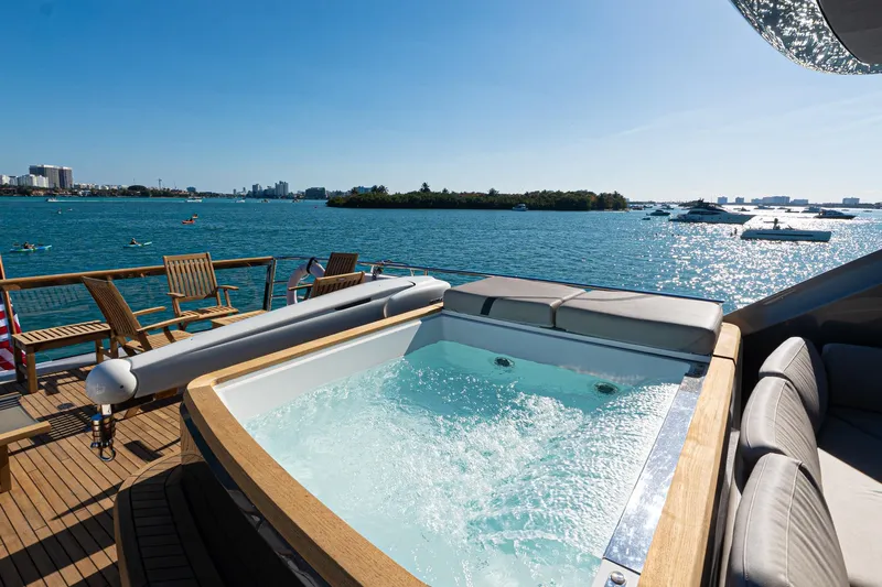  Yacht Photos Pics Luxurious 2022 Princess Y85 yacht with jacuzzi, overlooking serene ocean view.