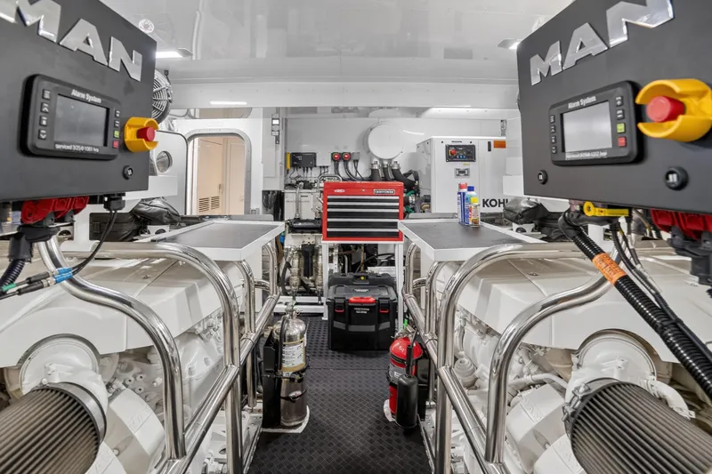  Yacht Photos Pics Engine room of 2022 Princess Y85 yacht with MAN engines and equipment.