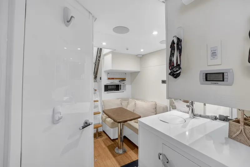  Yacht Photos Pics Luxurious interior of 2022 Princess Y85 yacht with modern amenities and elegant design.