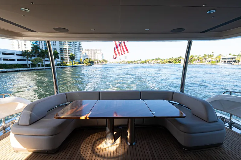  Yacht Photos Pics Luxurious 2022 Princess Y85 yacht with elegant seating, cruising on a scenic waterway.