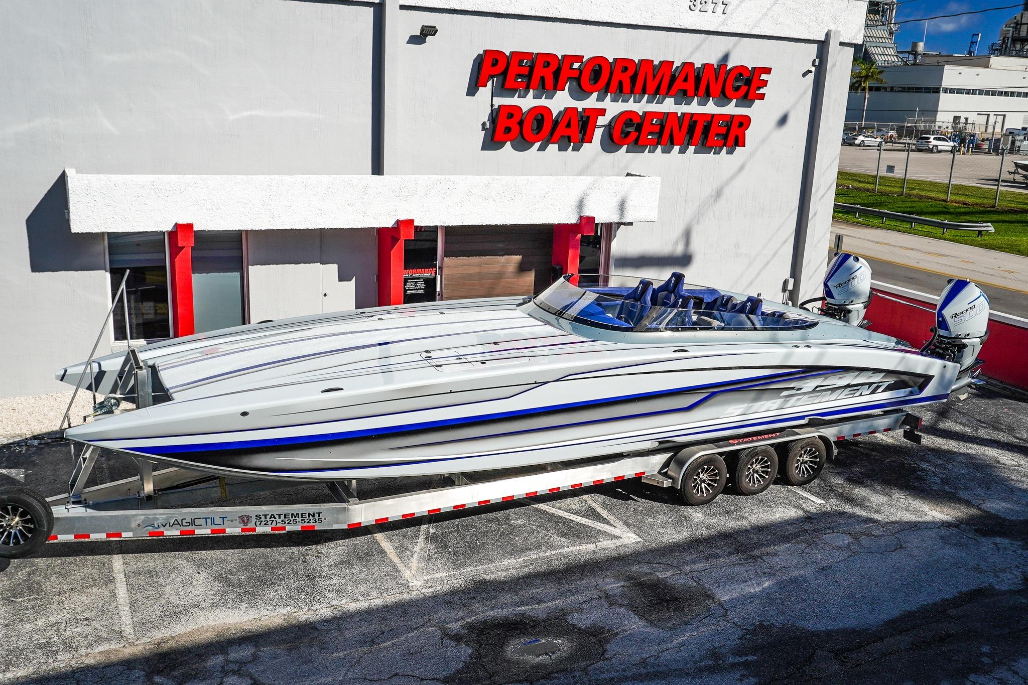 High-performance Statement 396 boat at Performance Boat Center, 2026 model, on a trailer.