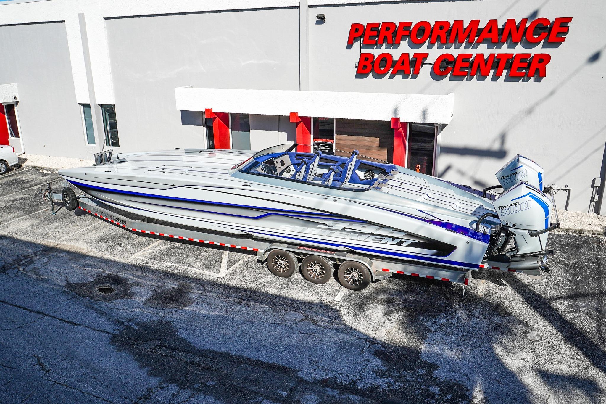 2026 Statement 396 powerboat at Performance Boat Center, featuring twin outboard engines.