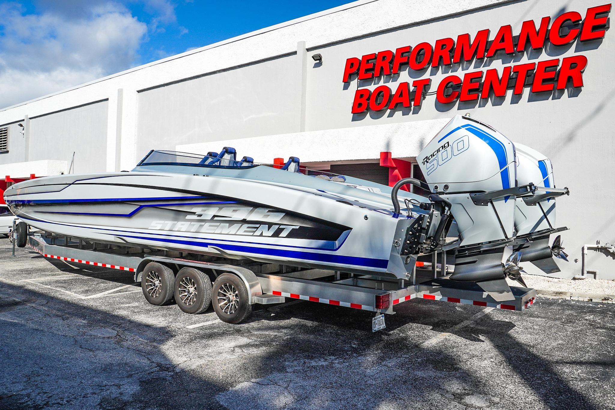 2026 Statement 396 powerboat on trailer at Performance Boat Center.