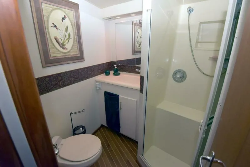 Happy Ending Yacht Photos Pics Bathroom interior of 2000 Viking 55 Convertible yacht, featuring shower and decorative wall art.