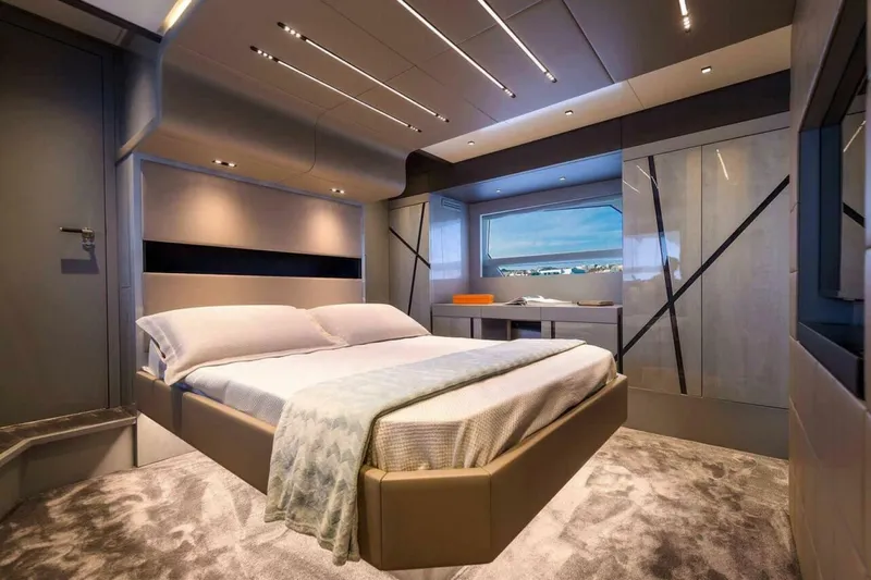 Yacht Photos Pics Luxurious bedroom interior of 2027 Canados GLADIATOR 631 NEXT yacht, featuring modern design and elegant furnishings.