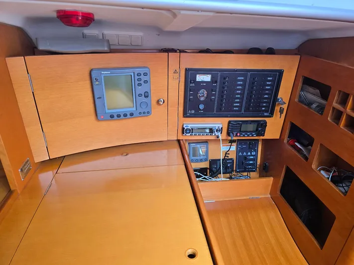 True Blue Yacht Photos Pics Control panel of a 2000 Beneteau First 40.7 sailboat with navigation equipment.