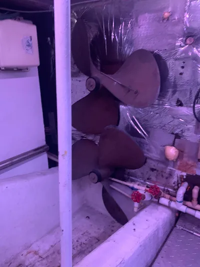 Lolly Yacht Photos Pics Propellers in the engine room of a 1985 Ocean Yachts 55 Super Sport.