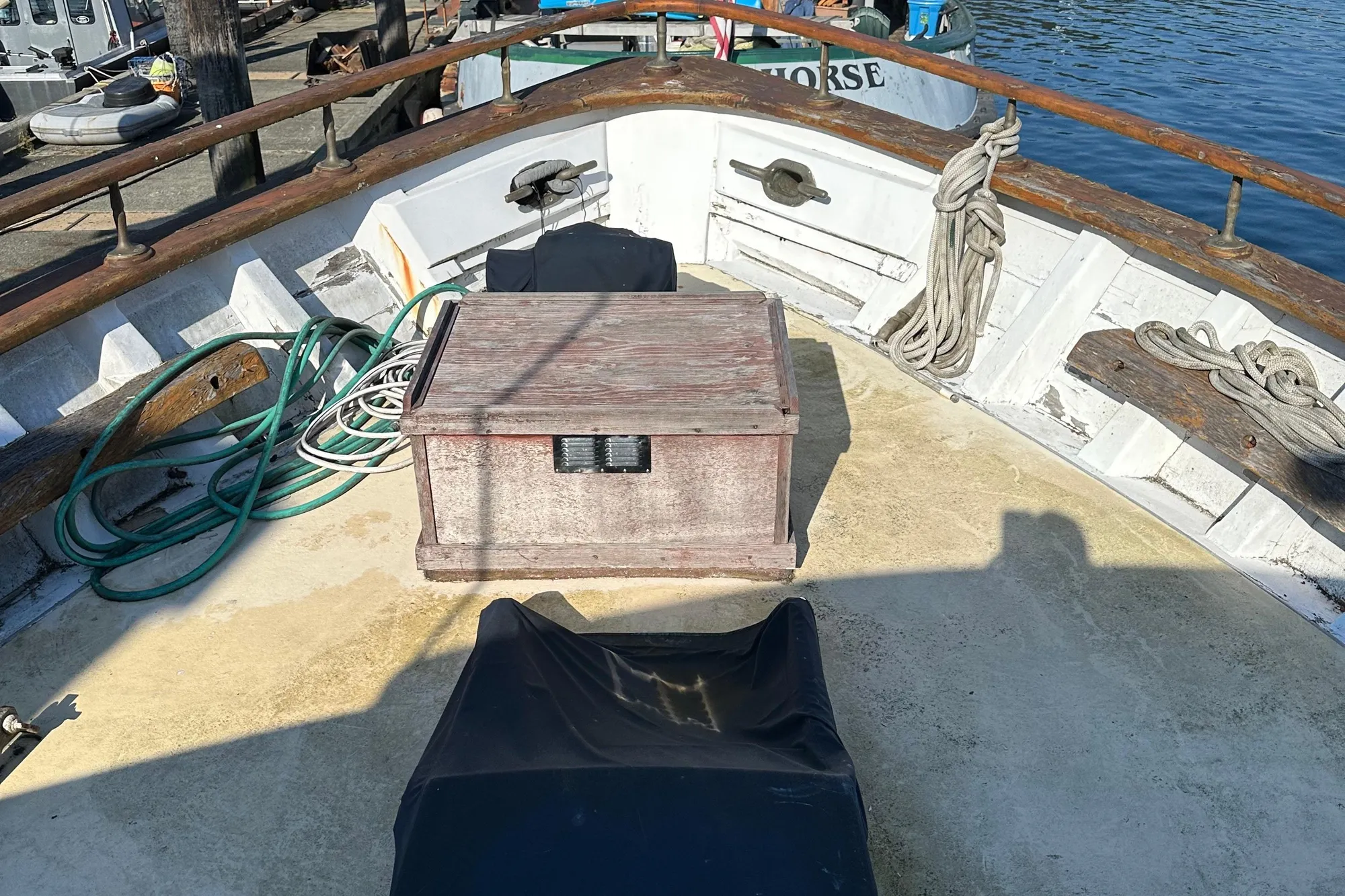 1971 Southern Marine MALAHIDE Pilothouse LRC deck with ropes and wooden storage box.