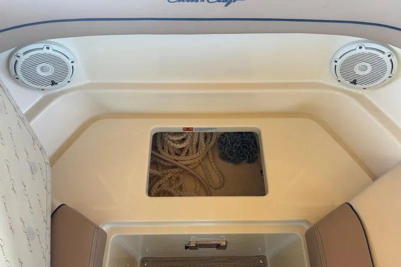  Yacht Photos Pics 2023 Chris-Craft Calypso 24 boat interior with speakers and storage compartment.