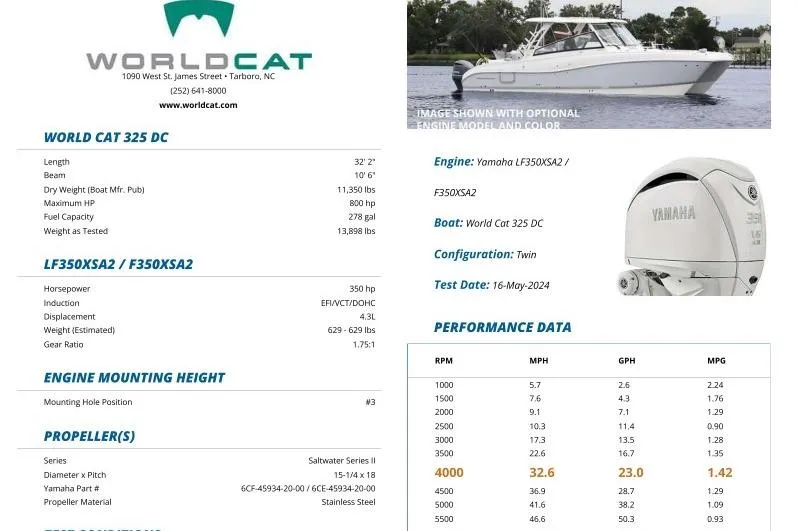 57694 325dc Yacht Photos Pics World Cat 325 DC boat specifications and performance data with Yamaha engine details.
