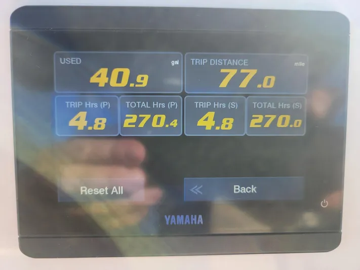  Yacht Photos Pics Yamaha display showing fuel usage and trip data for 2022 Key West 263 FS boat.