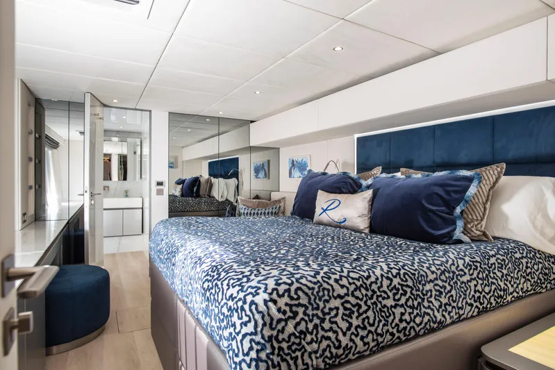 Relentless II Yacht Photos Pics Luxurious bedroom interior on 2022 Sunreef 80 Sail yacht, featuring elegant bedding and modern design.