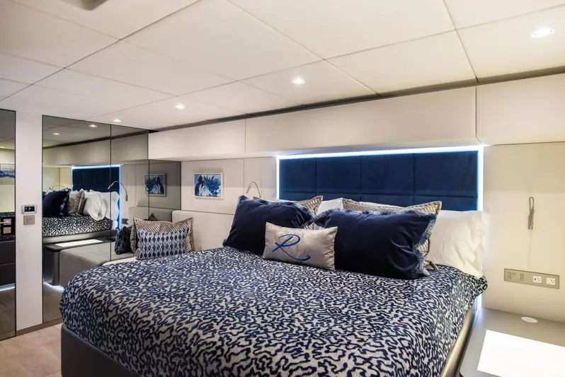 Relentless II Yacht Photos Pics Luxurious bedroom interior on 2022 Sunreef 80 Sail yacht, featuring elegant bedding and modern design.