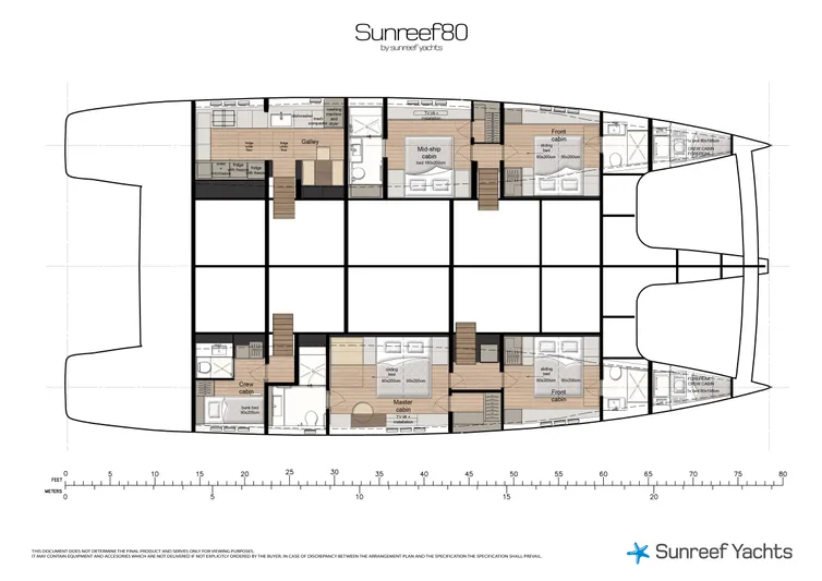 Relentless II Yacht Photos Pics Floor plan of 2022 Sunreef 80 Sail yacht, showcasing spacious cabins and layout.