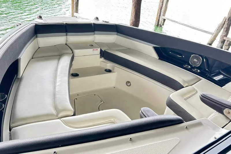2018 Sea Ray 350 Slx @ Cancun Yacht Photos Pics 2018 Sea Ray SLX 350 boat interior with spacious seating and cup holders.