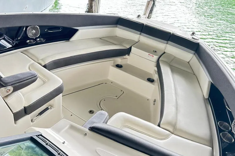 2018 Sea Ray 350 Slx @ Cancun Yacht Photos Pics Luxurious seating area on 2018 Sea Ray SLX 350 boat, featuring elegant upholstery.