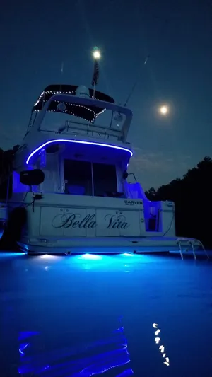  Yacht Photos Pics 2004 Carver 360 Sport Sedan yacht illuminated at night with blue lights under a moonlit sky.