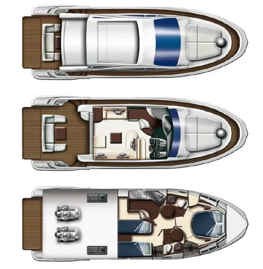 Fantasia 04 Yacht Photos Pics 2009 Azimut 43S yacht layout with three detailed deck plans.