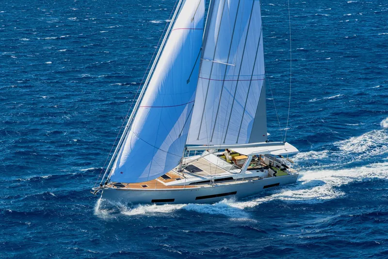  Yacht Photos Pics Sailing yacht Hanse 590, 2026 model, cruising on open blue sea.