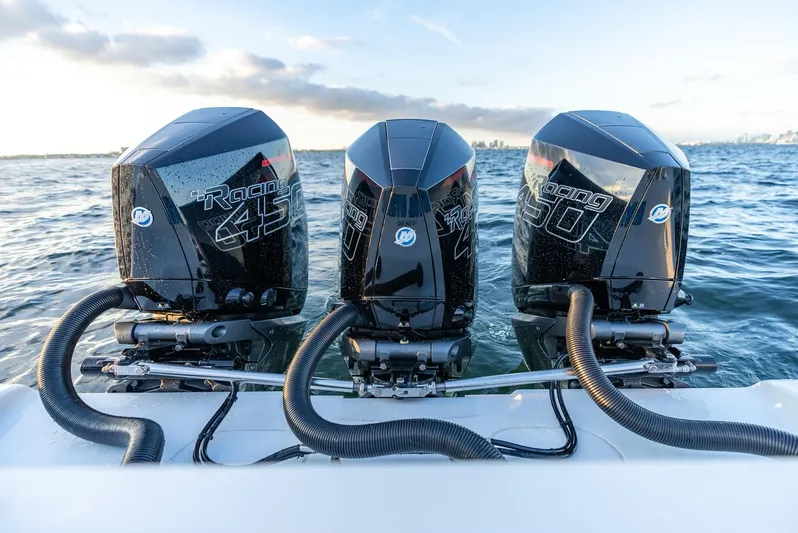  Yacht Photos Pics Triple Mercury Racing 450R engines on a 2023 Yellowfin 34 boat in open water.