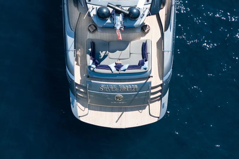 Silver Breeze Yacht Photos Pics Aerial view of 2010 Riva Domino 86 yacht on blue water.