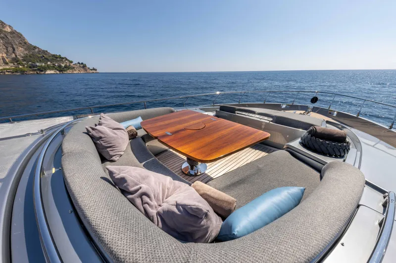 Silver Breeze Yacht Photos Pics Luxurious seating area on 2010 Riva Domino 86 yacht, overlooking serene ocean view.