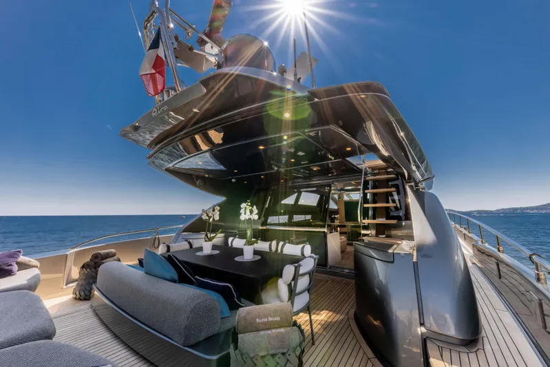 Silver Breeze Yacht Photos Pics Luxurious 2010 Riva Domino 86 yacht deck with elegant seating, ocean view, and bright sun overhead.