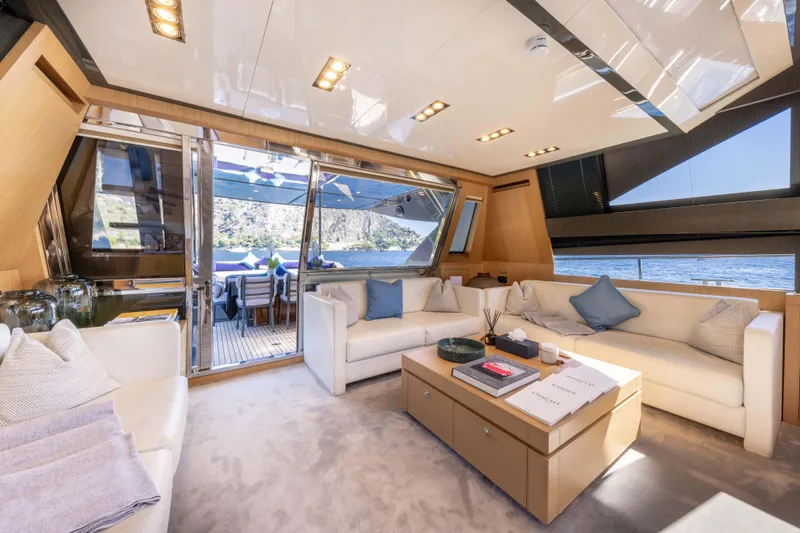 Silver Breeze Yacht Photos Pics Luxurious interior of 2010 Riva Domino 86 yacht with elegant seating and modern decor.