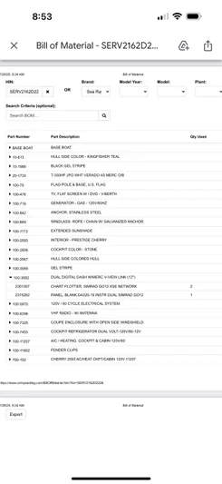  Yacht Photos Pics Bill of Material for 2022 Sea Ray Sundancer 320 Outboard, detailed parts list displayed.