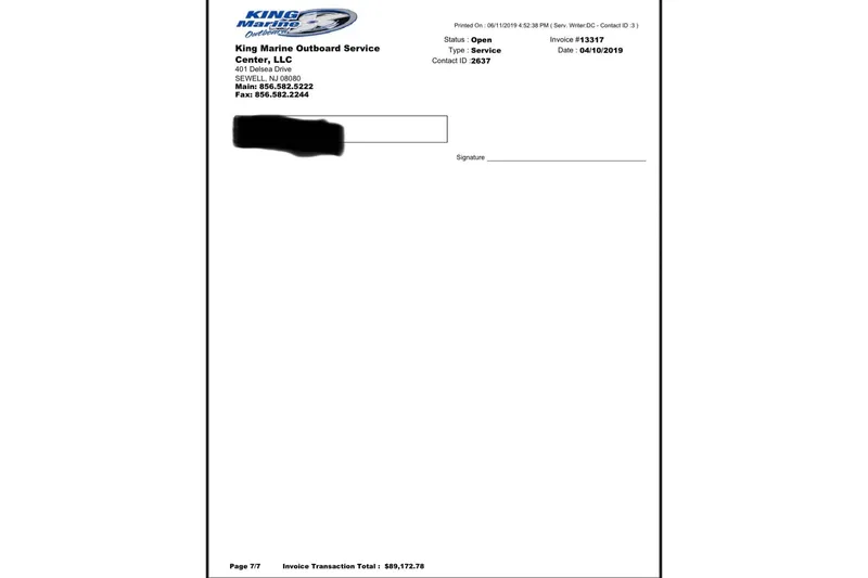  Yacht Photos Pics Invoice from King Marine Outboard Service Center, dated 04/10/2019, total $89,172.78.