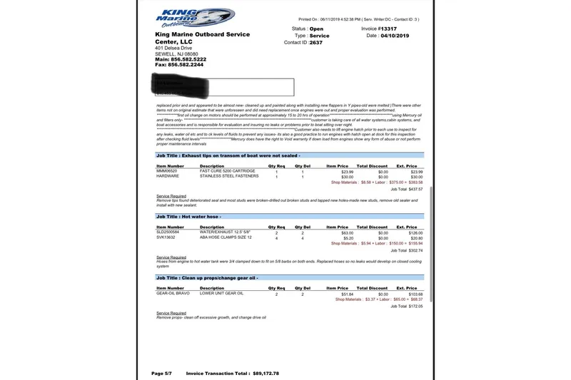  Yacht Photos Pics Invoice for King Marine Outboard Service, detailing repairs for a 1999 Formula 400 Super Sport.