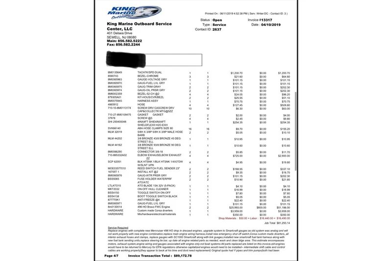  Yacht Photos Pics Invoice for King Marine Outboard Service, detailing parts and labor for a 1999 Formula 400 Super Sport.