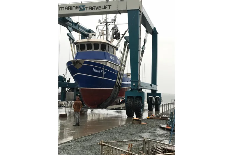  Yacht Photos Pics 1973 Custom 58&rsquo; Steel Marco Seiner on Marine Travelift at dockside.