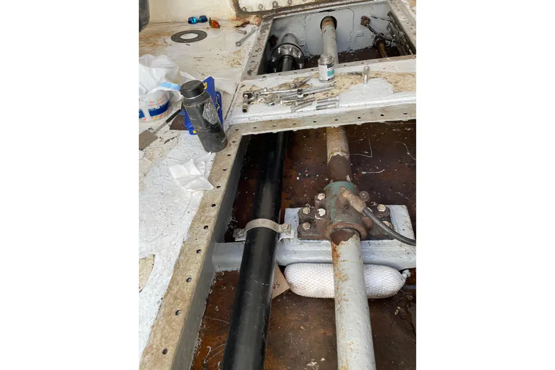  Yacht Photos Pics Interior view of 1973 Custom 58&rsquo; Steel Marco Seiner, showcasing mechanical components and tools.