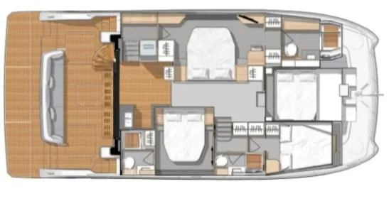 Calypso Yacht Photos Pics Floor plan of 2021 Fountaine Pajot MY6 yacht, showcasing cabin and deck layout.