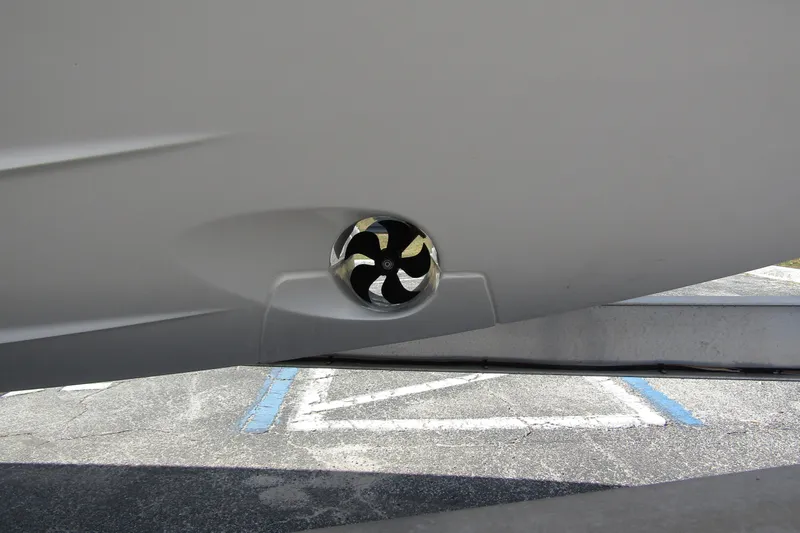  Yacht Photos Pics Close-up of a 2025 Nimbus Weekender 9 boat's hull with a visible thruster.