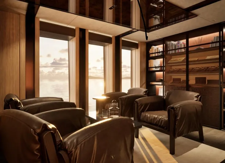 Project Ice Yacht Photos Pics Luxurious interior of a 2026 custom motor yacht with leather seating and ocean view.