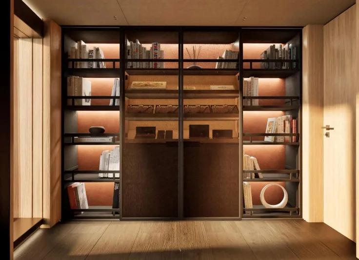 Project Ice Yacht Photos Pics Luxurious yacht interior with elegant wooden bookshelves, ambient lighting, and modern decor, 2026 model.