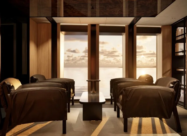 Project Ice Yacht Photos Pics Luxurious 2026 custom motor yacht interior with elegant seating and panoramic ocean views.