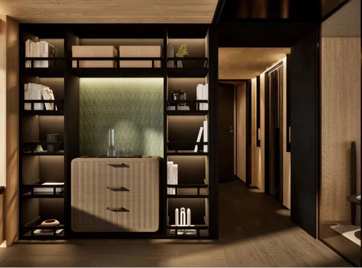 Project Ice Yacht Photos Pics Luxurious interior of a 2026 custom motor yacht with modern shelving and ambient lighting.