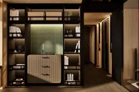 Luxurious interior of a 2026 custom motor yacht with modern shelving and ambient lighting.