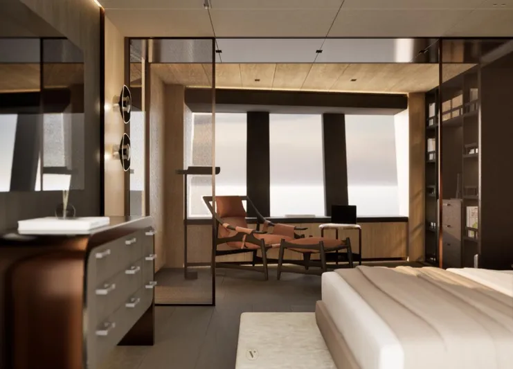 Project Ice Yacht Photos Pics Luxurious 2026 custom motor yacht interior with modern bedroom and lounge area.